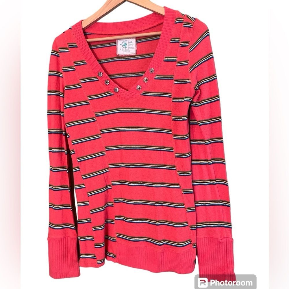 Y2K VTG Free People Striped Sweater V-Neck Cotton Long Sleeve Sz L